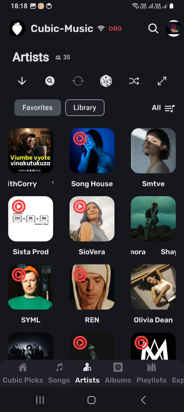 Cubic Music artists library grid with favorites and library filters