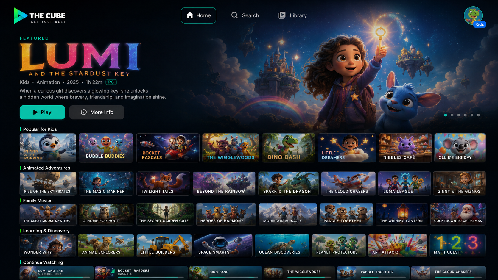 CubeTv kids interface on a TV screen
