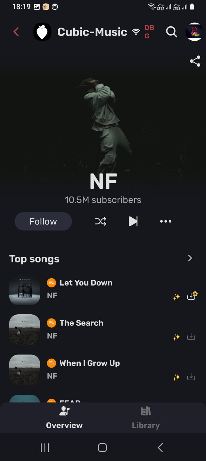 Cubic Music artist page showing top songs and follow button