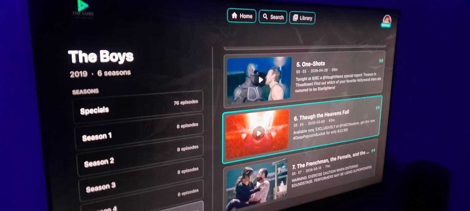 CubeTV episode list running on a real television