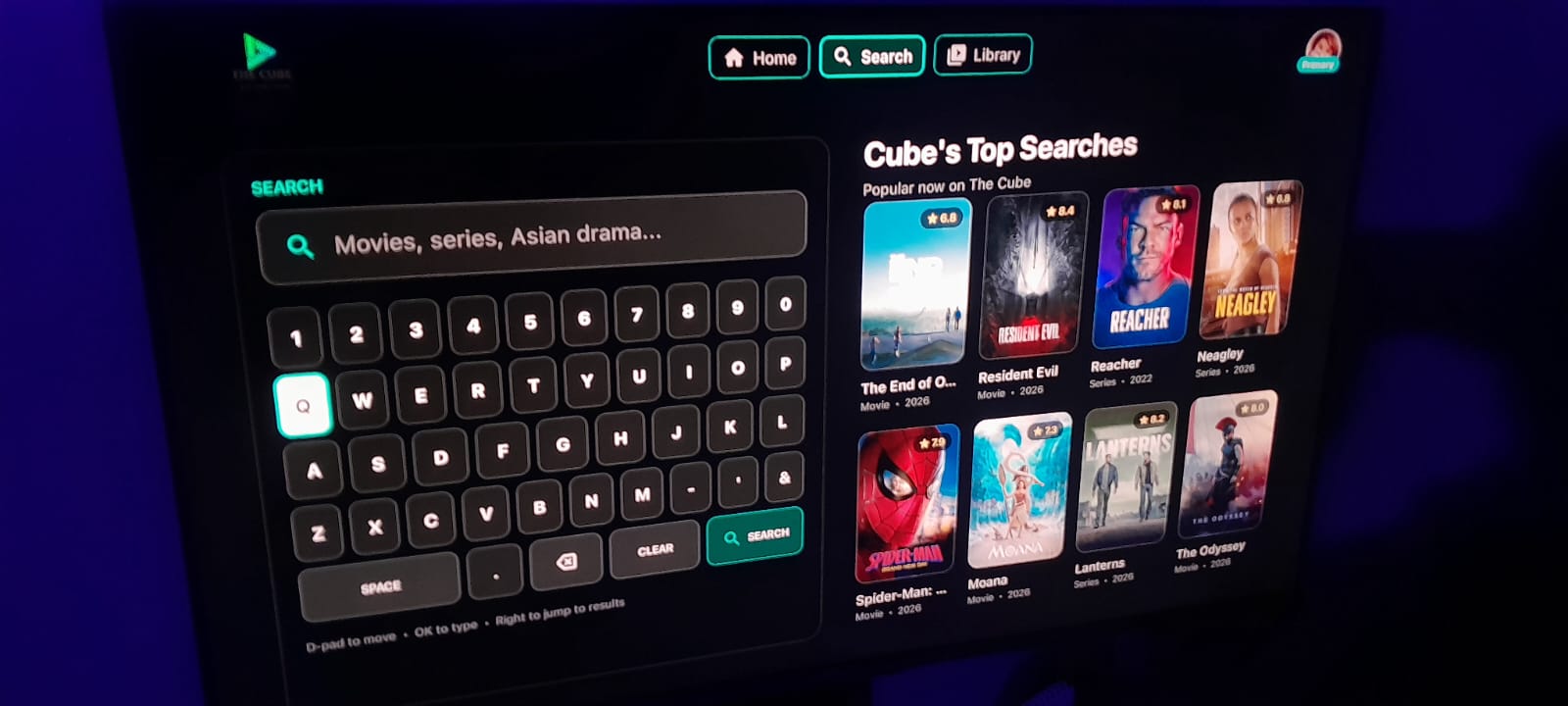CubeTV search keyboard and recommendations on a real television