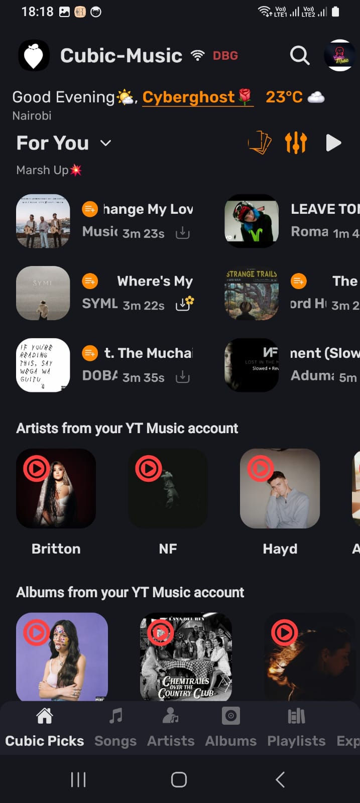 Cubic Music For You feed with mash-ups and your YT Music artists