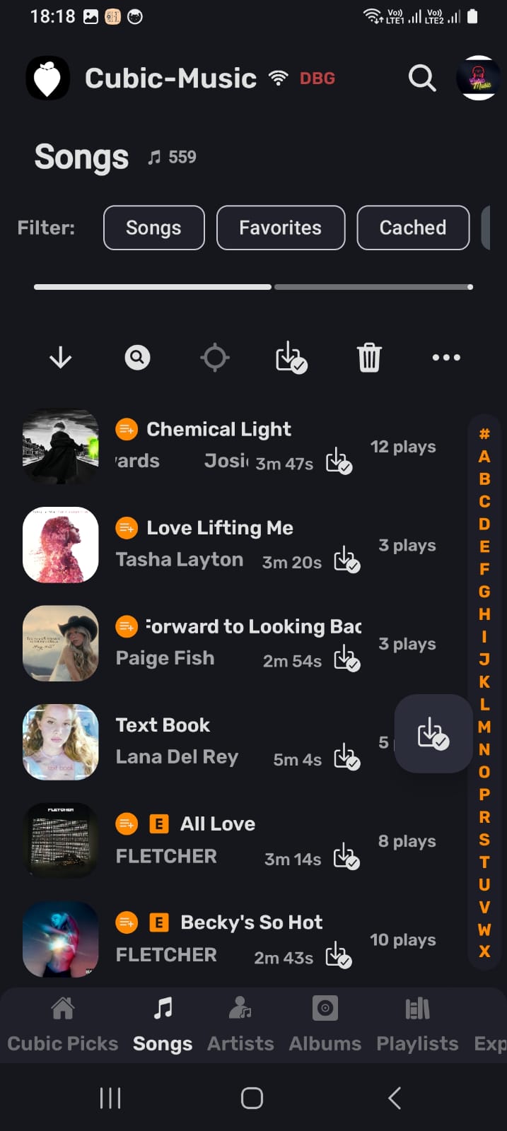 Cubic Music songs library with filters, cached tracks and play counts