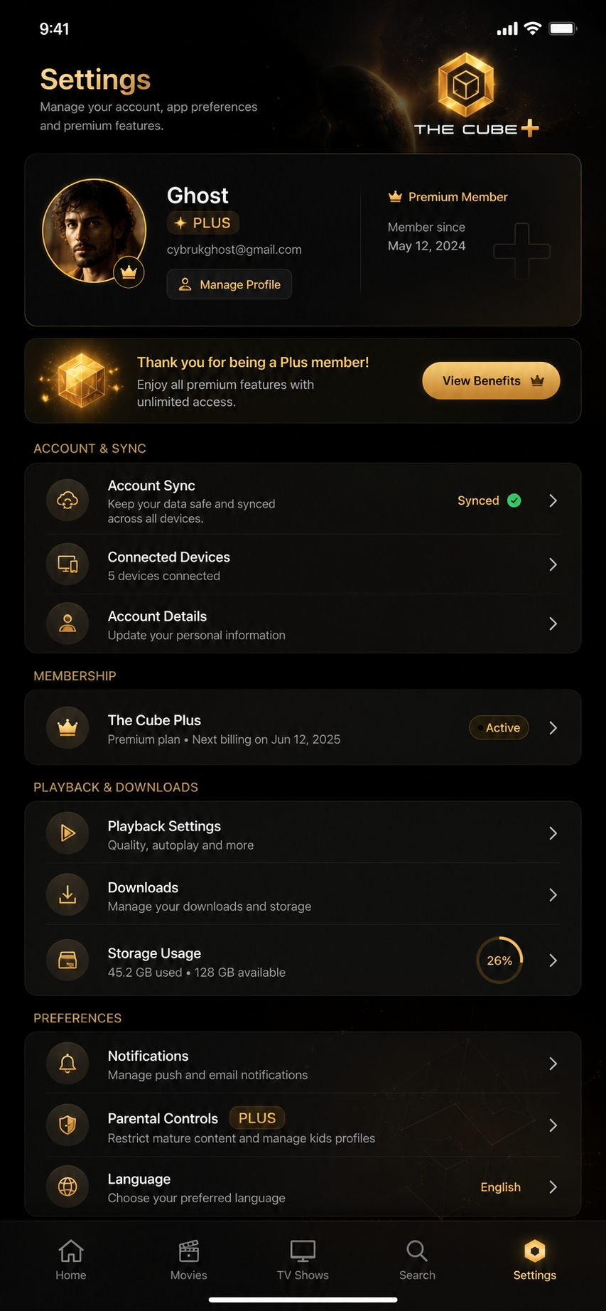 THE CUBE Android settings screen
