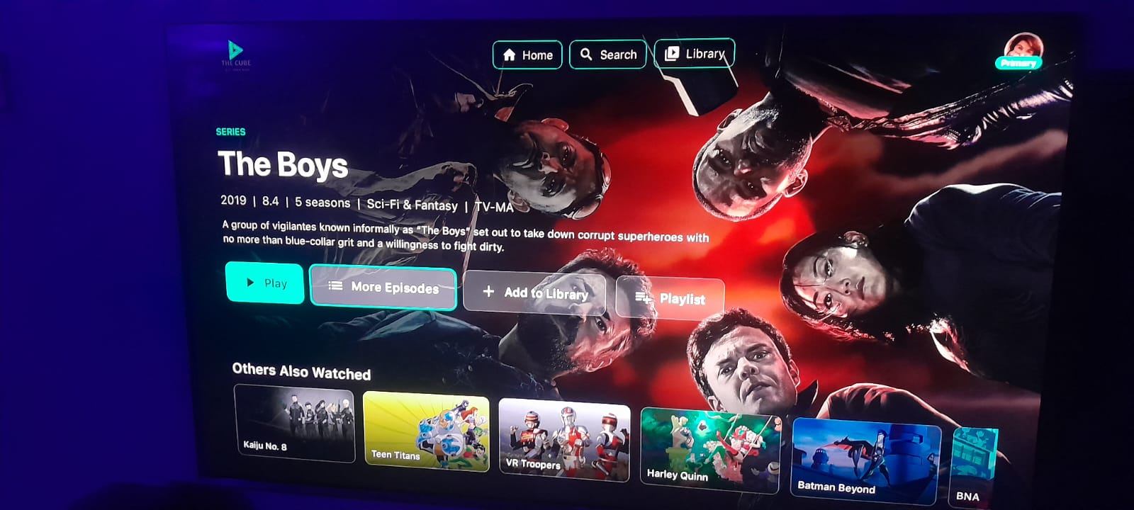 CubeTV home screen running on a real television