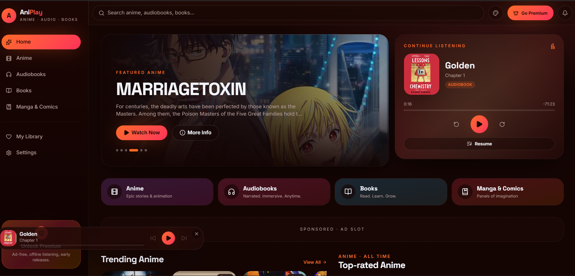 AniPlay home with featured anime, audiobooks player and library