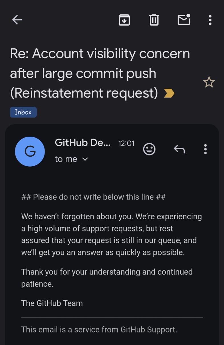 GitHub Support reply confirming the reinstatement request is in queue